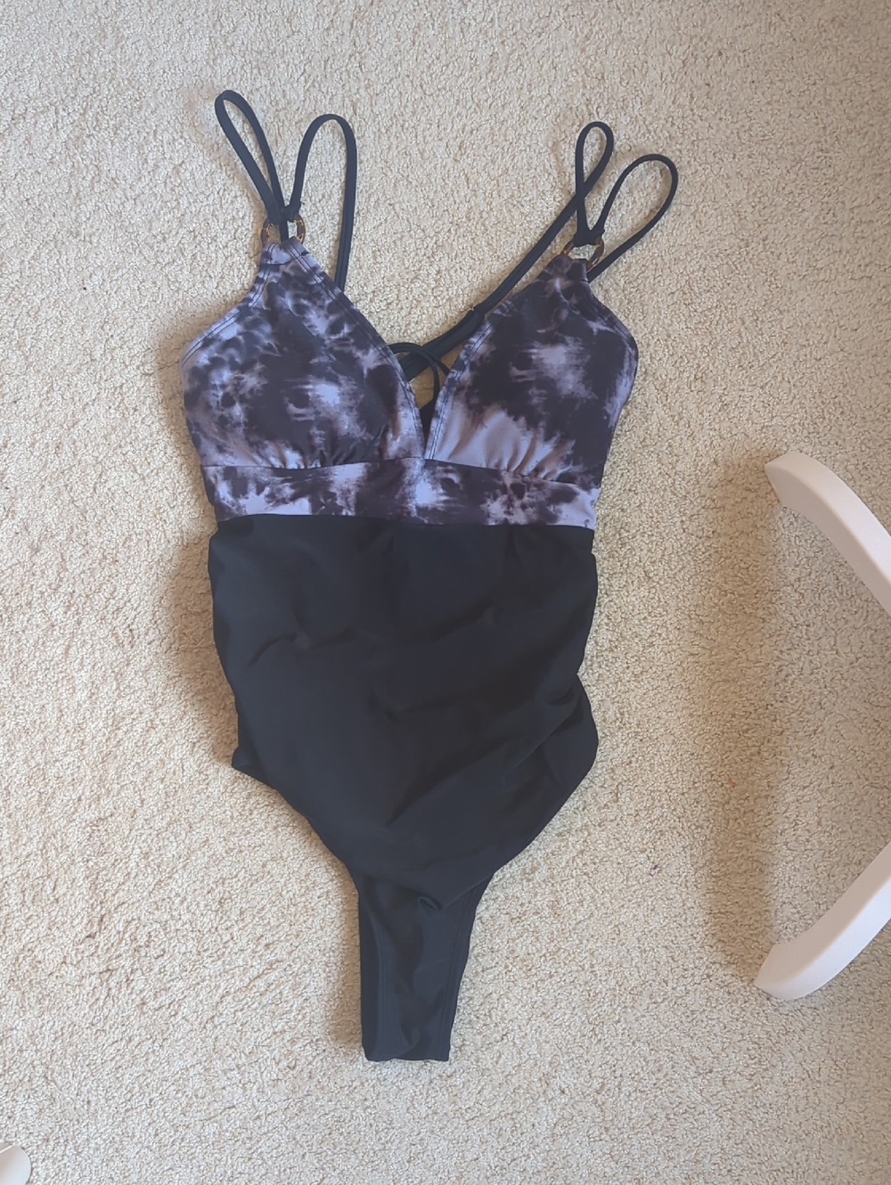 Tie-Dye Black & Lavender One-Piece Swimsuit, M